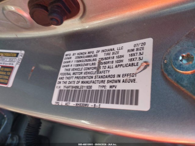 46010583 :رقم المزاد ، 7FART6H89LE011830 vin ، 2020 Honda Cr-v Hybrid Ex-l مزاد بيع