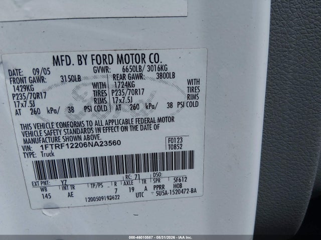 Продаж на аукціоні авто 2006 Ford F-150 Stx/xl/xlt, vin: 1FTRF12206NA23560, номер лоту: 46010587