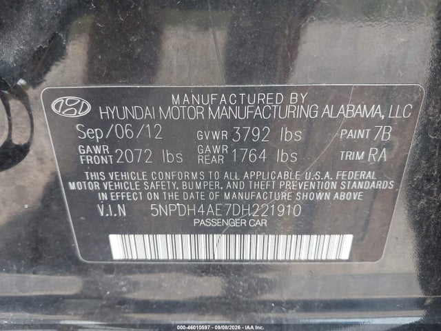 Продажа на аукционе авто 2013 Hyundai Elantra Gls, vin: 5NPDH4AE7DH221910, номер лота: 46010597