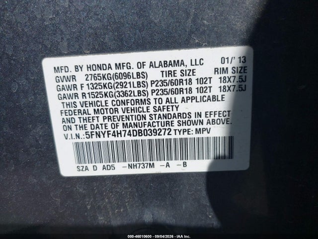 Продаж на аукціоні авто 2013 Honda Pilot Ex-l, vin: 5FNYF4H74DB039272, номер лоту: 46010600