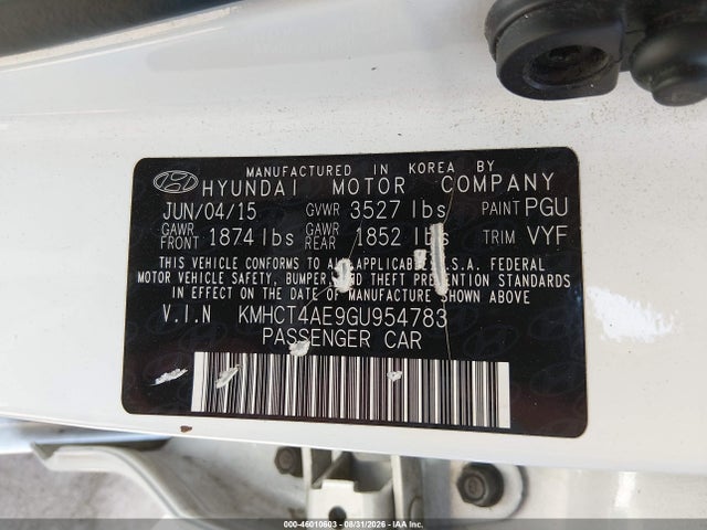 46010603 :رقم المزاد ، KMHCT4AE9GU954783 vin ، 2016 Hyundai Accent Se مزاد بيع