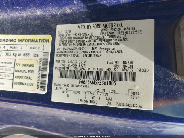 2015 Ford Mustang V6 მანქანა იყიდება აუქციონზე, vin: 1FA6P8AM5F5361005, აუქციონის ნომერი: 46010619