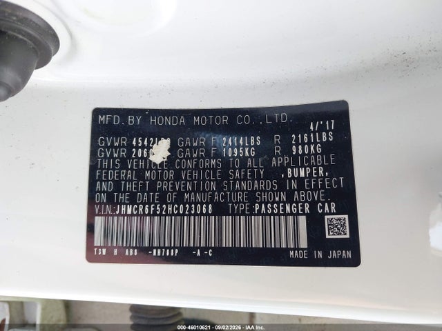 46010621 :رقم المزاد ، JHMCR6F52HC023068 vin ، 2017 Honda Accord Hybrid Ex-l مزاد بيع