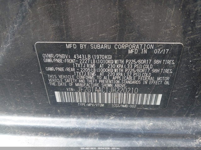 Продаж на аукціоні авто 2018 Subaru Crosstrek 2.0i, vin: JF2GTAAC1JH220210, номер лоту: 46010635
