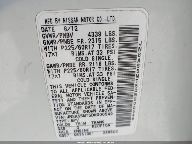 Aukcja sprzedaży 2013 Nissan Rogue Sv, vin: JN8AS5MT5DW000549, numer aukcji: 46010650