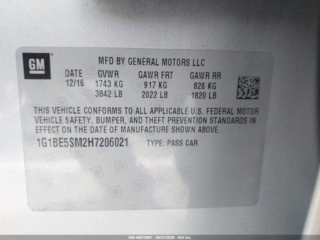 2017 Chevrolet Cruze Lt Auto მანქანა იყიდება აუქციონზე, vin: 1G1BE5SM2H7206021, აუქციონის ნომერი: 46010681