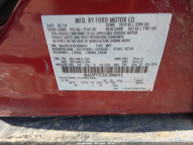 2018 Ford Ecosport Se მანქანა იყიდება აუქციონზე, vin: MAJ3P1TE3JC200043, აუქციონის ნომერი: 46010682