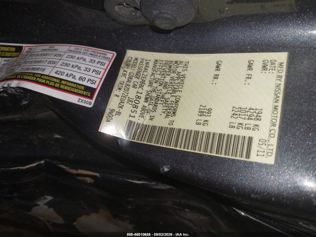 Продаж на аукціоні авто 2011 Nissan Altima 2.5 S, vin: 1N4AL2EP8BC180851, номер лоту: 46010686