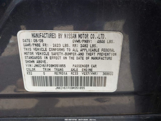 2009 Infiniti G37x მანქანა იყიდება აუქციონზე, vin: JNKCV61F09M351855, აუქციონის ნომერი: 46010700