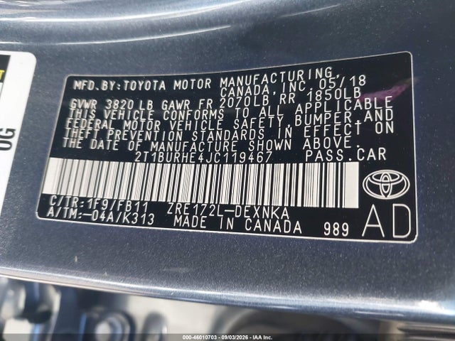 Toyota COROLLA LE 2018 2T1BURHE4JC119467 Image 9