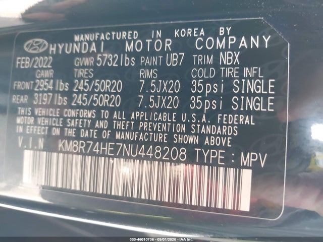 2022 Hyundai Palisade Calligraphy მანქანა იყიდება აუქციონზე, vin: KM8R74HE7NU448208, აუქციონის ნომერი: 46010706