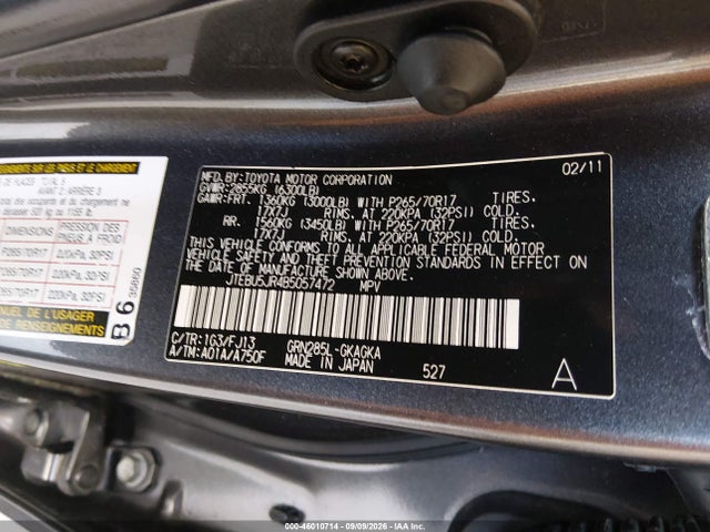 Aukcja sprzedaży 2011 Toyota 4runner Sr5 V6, vin: JTEBU5JR4B5057472, numer aukcji: 46010714