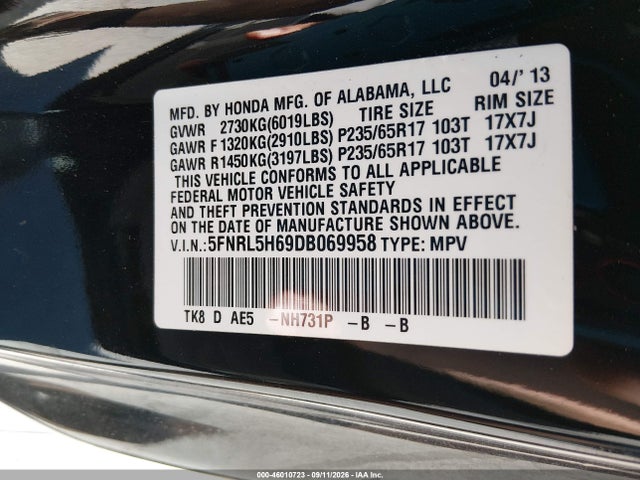 Продаж на аукціоні авто 2013 Honda Odyssey Ex-l, vin: 5FNRL5H69DB069958, номер лоту: 46010723