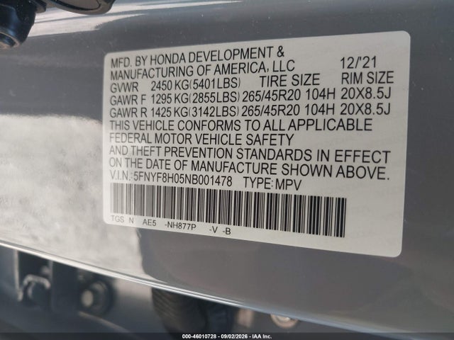 2022 Honda Passport Awd Elite მანქანა იყიდება აუქციონზე, vin: 5FNYF8H05NB001478, აუქციონის ნომერი: 46010728