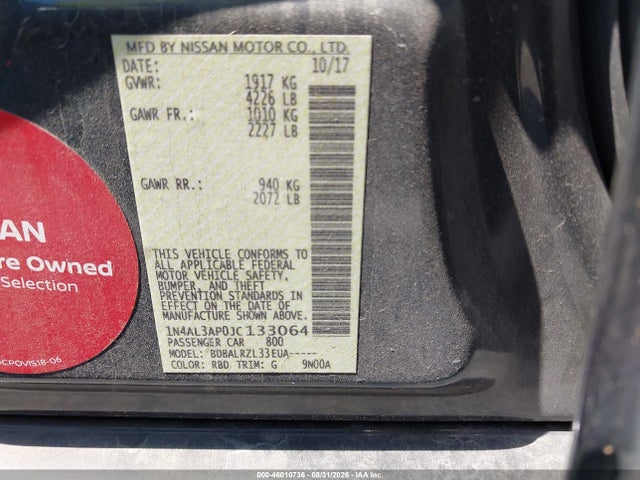 Aukcja sprzedaży 2018 Nissan Altima 2.5 Sl, vin: 1N4AL3AP0JC133064, numer aukcji: 46010736