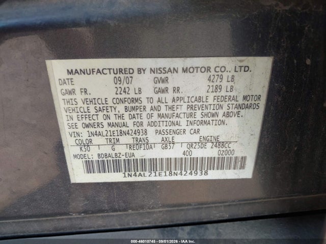 Продажа на аукционе авто 2008 Nissan Altima 2.5 S, vin: 1N4AL21E18N424938, номер лота: 46010745