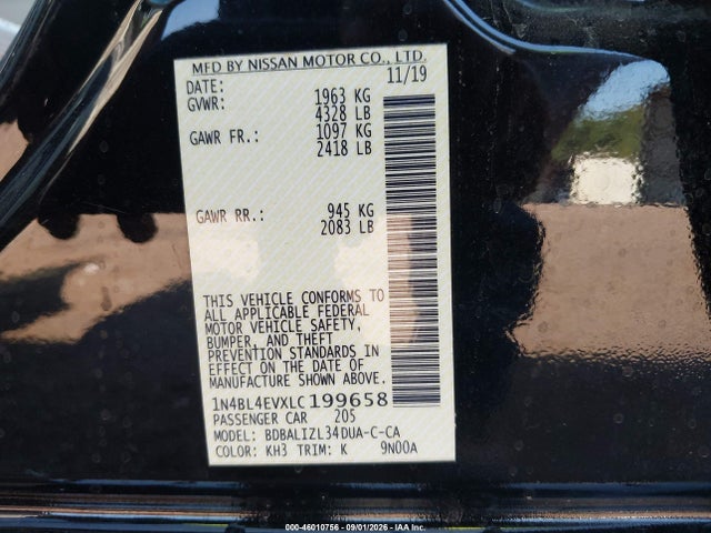 Aukcja sprzedaży 2020 Nissan Altima Sl Fwd, vin: 1N4BL4EVXLC199658, numer aukcji: 46010756