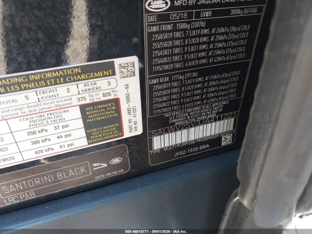 Aukcja sprzedaży 2018 Land Rover Range Rover Sport Hse Dynamic, vin: SALWV2SV3JA411221, numer aukcji: 46010771