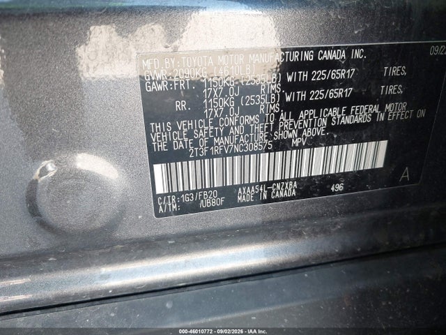 2022 Toyota Rav4 Le მანქანა იყიდება აუქციონზე, vin: 2T3F1RFV7NC308575, აუქციონის ნომერი: 46010772