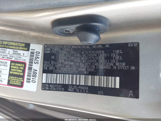 2007 Toyota Sienna Le მანქანა იყიდება აუქციონზე, vin: 5TDZK23C37S037201, აუქციონის ნომერი: 46010773