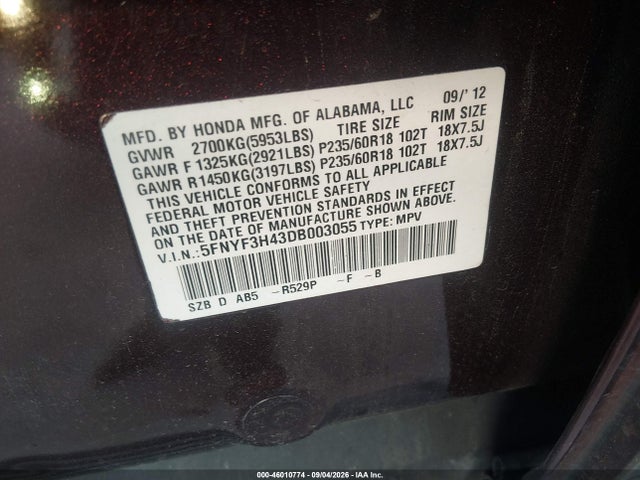 Aukcja sprzedaży 2013 Honda Pilot Ex, vin: 5FNYF3H43DB003055, numer aukcji: 46010774