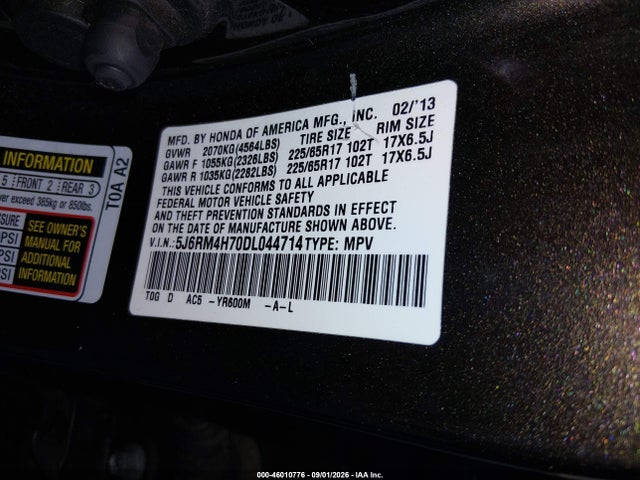 Продаж на аукціоні авто 2013 Honda Cr-v Ex-l, vin: 5J6RM4H70DL044714, номер лоту: 46010776