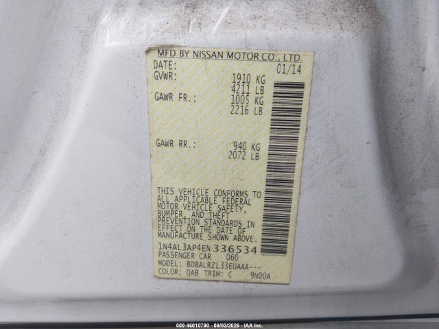 Aukcja sprzedaży 2014 Nissan Altima 2.5/2.5 S/2.5 Sl/2.5 Sv, vin: 1N4AL3AP4EN336534, numer aukcji: 46010790