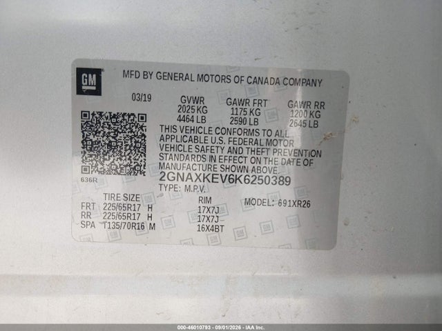 Aukcja sprzedaży 2019 Chevrolet Equinox Lt, vin: 2GNAXKEV6K6250389, numer aukcji: 46010793