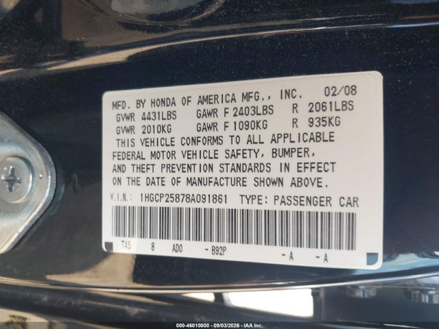 Aukcja sprzedaży 2008 Honda Accord 2.4 Ex-l, vin: 1HGCP25878A091861, numer aukcji: 46010800