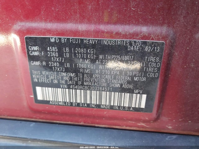 46010808 :رقم المزاد ، 4S4BRCBC3D3284571 vin ، 2013 Subaru Outback 2.5i Premium مزاد بيع