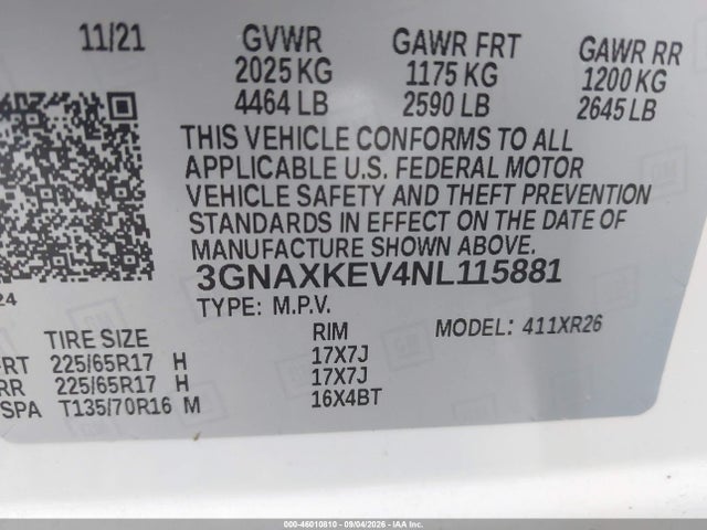 Продаж на аукціоні авто 2022 Chevrolet Equinox Fwd Lt, vin: 3GNAXKEV4NL115881, номер лоту: 46010810