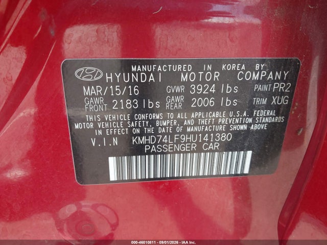 2017 Hyundai Elantra Se მანქანა იყიდება აუქციონზე, vin: KMHD74LF9HU141380, აუქციონის ნომერი: 46010811