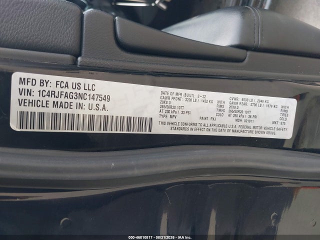 Продаж на аукціоні авто 2022 Jeep Grand Cherokee Wk Laredo X 4x4, vin: 1C4RJFAG3NC147549, номер лоту: 46010817