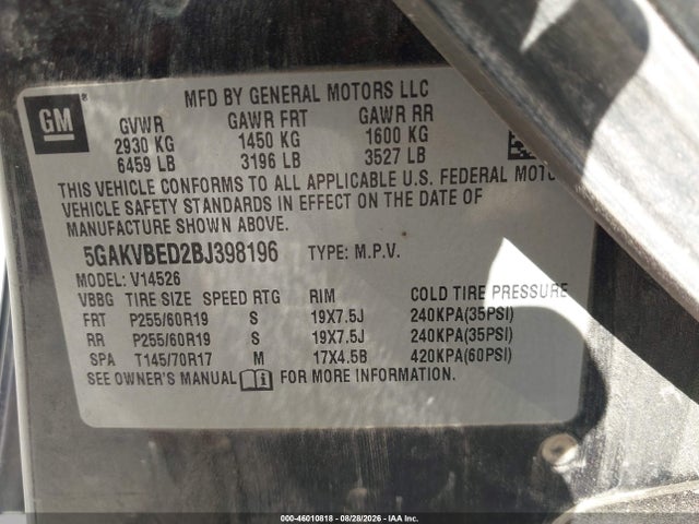 2011 Buick Enclave 1xl მანქანა იყიდება აუქციონზე, vin: 5GAKVBED2BJ398196, აუქციონის ნომერი: 46010818