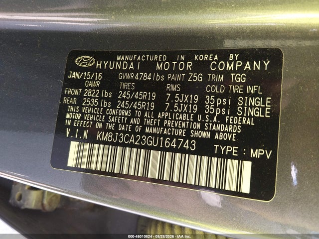 2016 Hyundai Tucson Sport მანქანა იყიდება აუქციონზე, vin: KM8J3CA23GU164743, აუქციონის ნომერი: 46010824