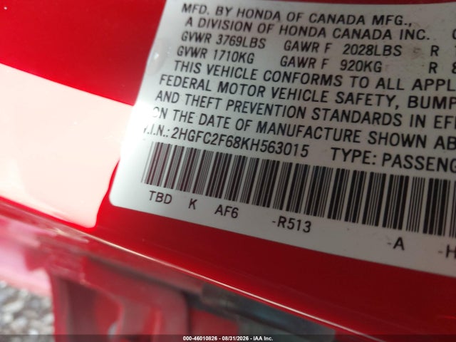 2019 Honda Civic Lx მანქანა იყიდება აუქციონზე, vin: 2HGFC2F68KH563015, აუქციონის ნომერი: 46010826