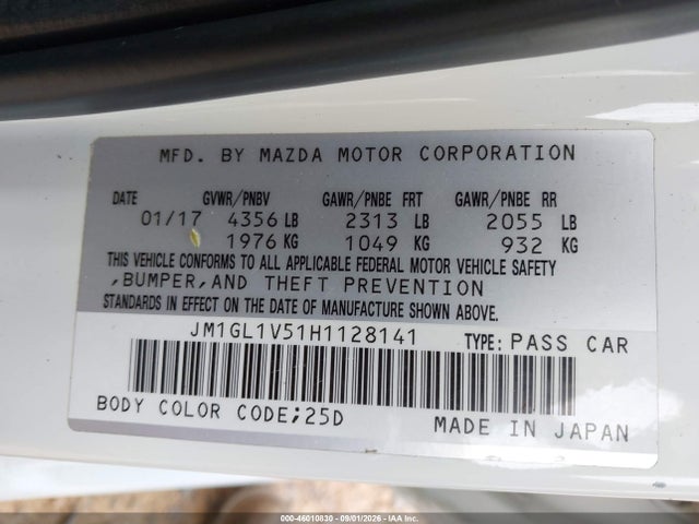Auction sale of the 2017 Mazda Mazda6 Touring, vin: JM1GL1V51H1128141, lot number: 46010830