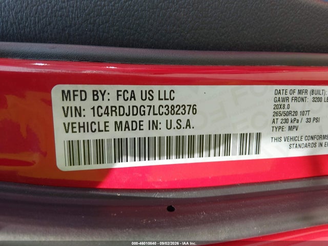 46010840 :رقم المزاد ، 1C4RDJDG7LC382376 vin ، 2020 Dodge Durango Gt Awd مزاد بيع