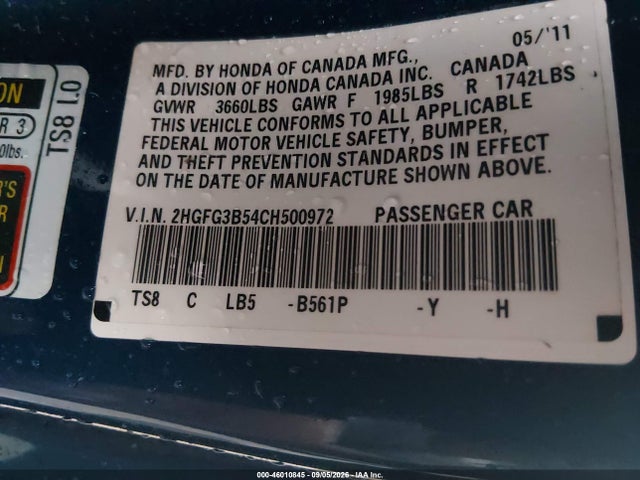 2012 Honda Civic Lx მანქანა იყიდება აუქციონზე, vin: 2HGFG3B54CH500972, აუქციონის ნომერი: 46010845