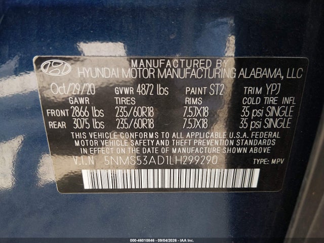 46010846 :رقم المزاد ، 5NMS53AD1LH299290 vin ، 2020 Hyundai Santa Fe Limited مزاد بيع