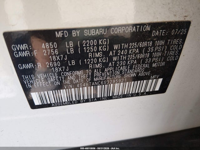 Aukcja sprzedaży 2025 Subaru Outback Limited, vin: 4S4BTANC6S3295921, numer aukcji: 46010856