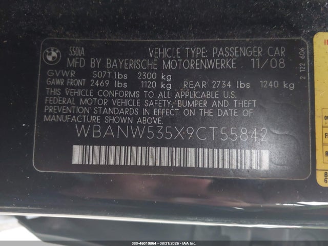 Продажа на аукционе авто 2009 Bmw 550i, vin: WBANW535X9CT55842, номер лота: 46010864