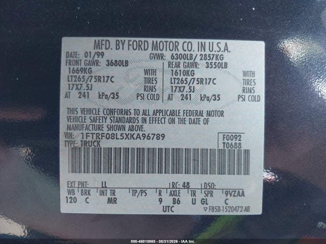 46010865 :رقم المزاد ، 1FTRF08L5XKA96789 vin ، 1999 Ford F-150 Lariat/xl/xlt مزاد بيع