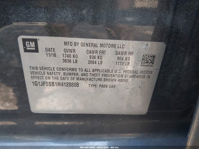 2017 Chevrolet Sonic Premier Auto მანქანა იყიდება აუქციონზე, vin: 1G1JF5SB1H4128808, აუქციონის ნომერი: 46010868