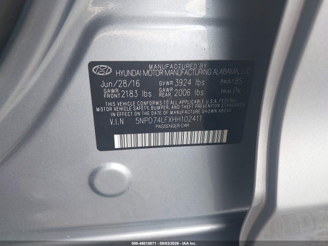 Aukcja sprzedaży 2017 Hyundai Elantra Se, vin: 5NPD74LFXHH102411, numer aukcji: 46010871