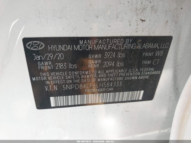 Продажа на аукционе авто 2020 Hyundai Elantra Value Edition, vin: 5NPD84LF6LH584333, номер лота: 46010872
