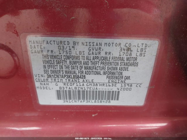 Продажа на аукционе авто 2019 Nissan Versa 1.6 Sv, vin: 3N1CN7AP3KL858428, номер лота: 46010878