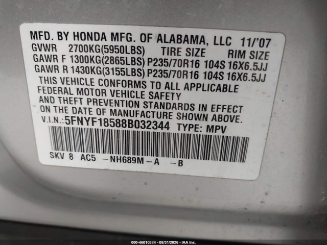 Продаж на аукціоні авто 2008 Honda Pilot Ex-l, vin: 5FNYF18588B032344, номер лоту: 46010884