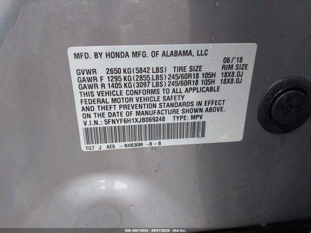 2018 Honda Pilot Lx მანქანა იყიდება აუქციონზე, vin: 5FNYF6H1XJB069248, აუქციონის ნომერი: 46010888