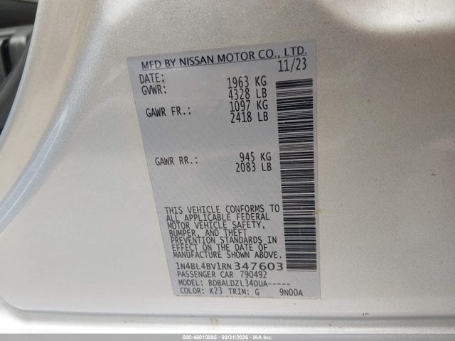 2024 Nissan Altima S Fwd მანქანა იყიდება აუქციონზე, vin: 1N4BL4BV1RN347603, აუქციონის ნომერი: 46010895